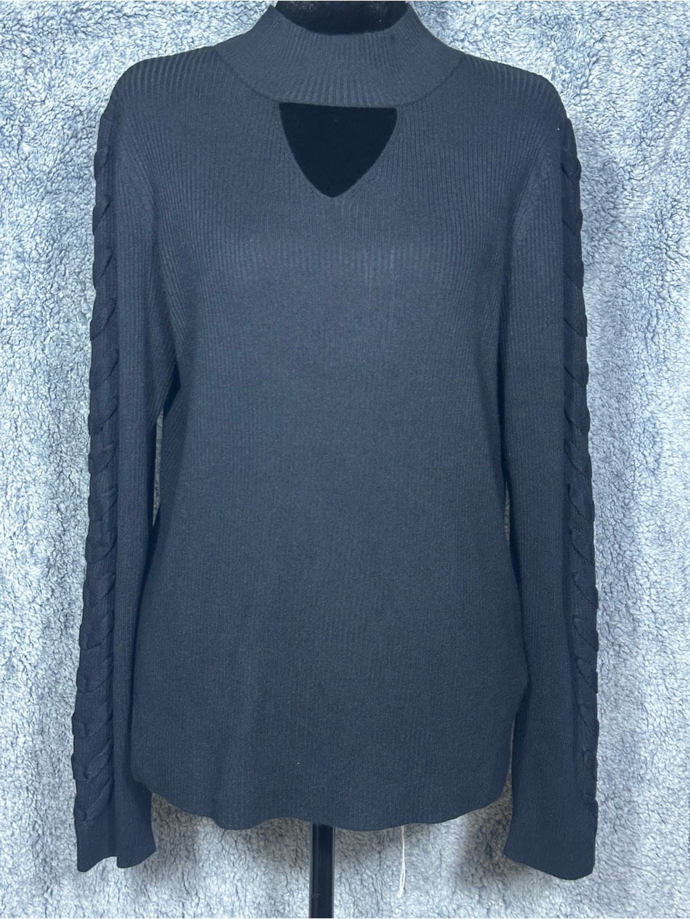 : Catherine Malandrino Black Keyhole Turtleneck Sweater – Braided Sleeves – XL